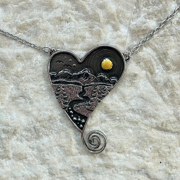 Pendant Necklace with River, Mountains, Sun on Heart #401 - Picture 6 of 11